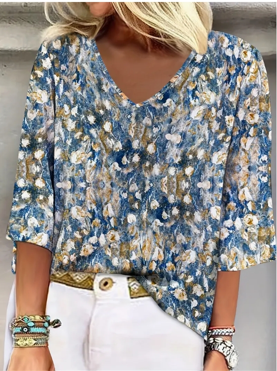  中袖优雅花卉 V 领女式衬衫13.29元