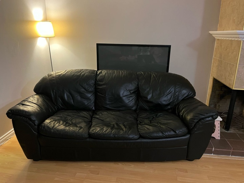 状态好三人大黑色皮沙发