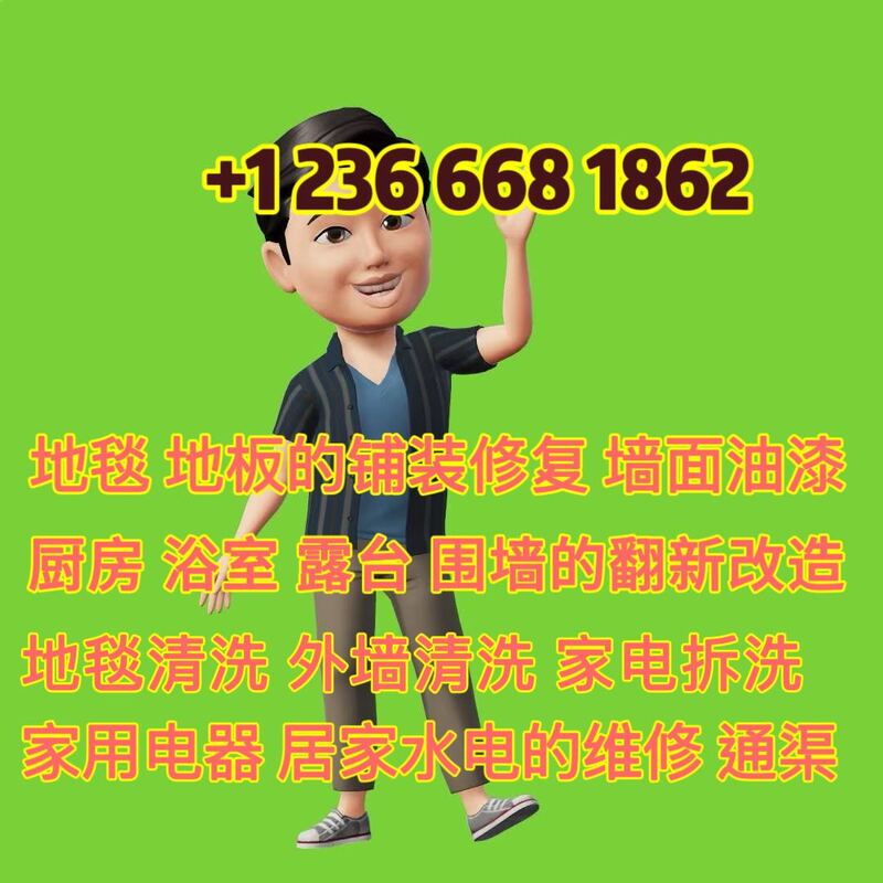 地毯&地板铺设修复，地毯清洗，墙面油漆，厨房&浴室翻新改造，露台防水和围墙施工，通渠，外墙清洗，家电维修 拆洗
