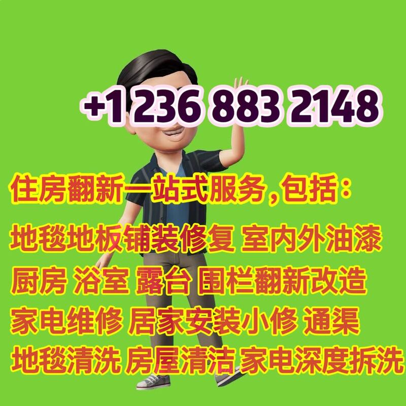 地毯&地板铺设修复，地毯清洗，室内外油漆，厨房&浴室翻新改造，露台&围栏翻新，通渠，住房清洁，家电 居家小修